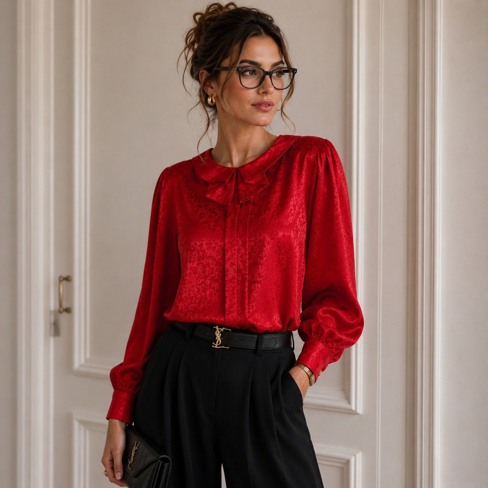Bill Blass Blouse Red Jacquard‎ Floral Ruffled Collar Vintage 80s Size 14